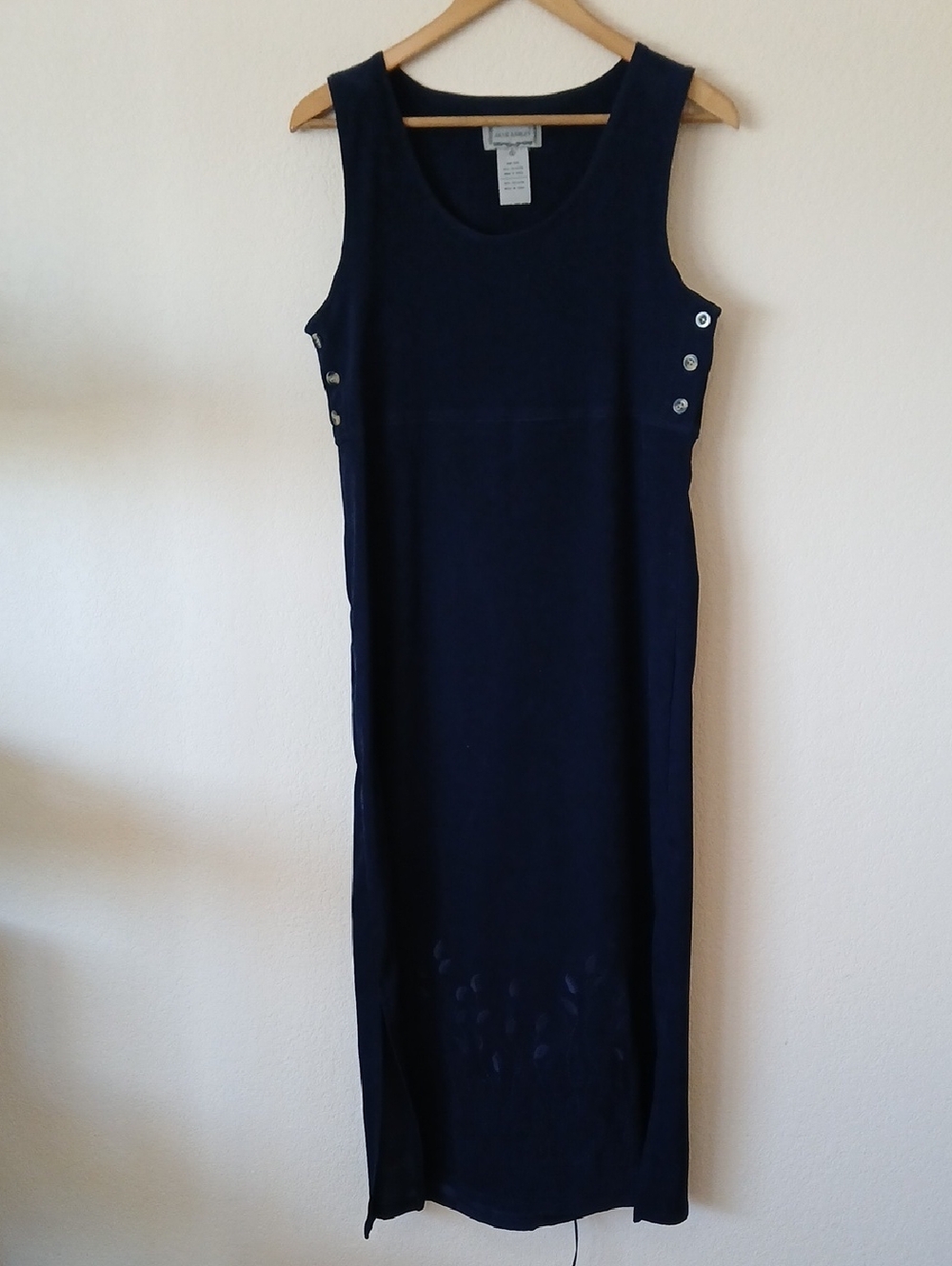 Vintage Jane Ashley Navy Blue Sleeveless Dress Embroidered Flowers At Hem